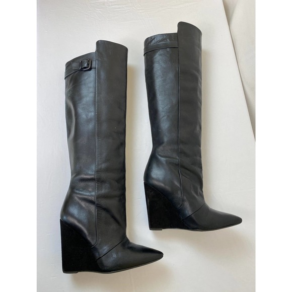 Zara Black Leather Pointed Toe Block-Heel Boots knee high boots 39 - Picture 2 of 7